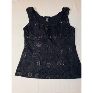 Vanity Lace Tank Top Womens XL Black Metallic Shimmer Scoop Neck